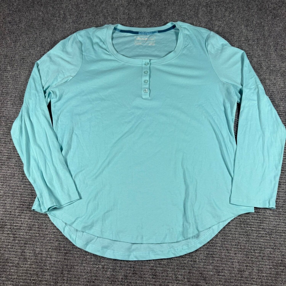 Eddie Bauer Pajama Top Womens XL Aqua Blue Excellent Ribbed Henley Long Sleeve